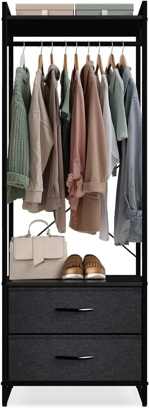 Tall Clothing Rack with Drawers, Wood Top (Black)