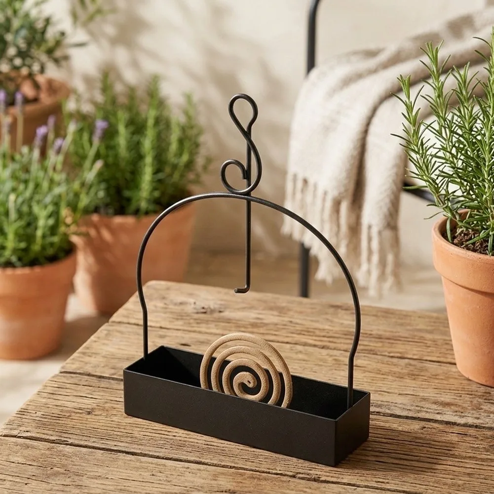 Matte Black Iron Incense Holder Shaped Like a Music Clef 21.5CM Tall with Detachable Ash Tray for Easy Cleaning