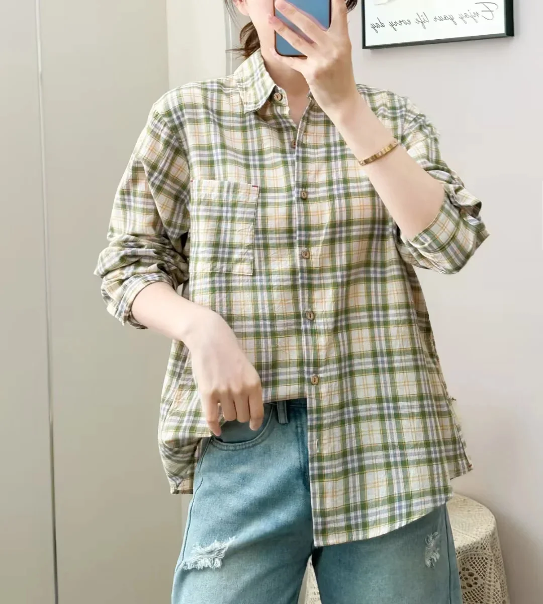 

Plus Size Women Clothing Cotton Plaid Blouses for Lady Spring Korean Fashion Checkered Shirts Women Blouses and Tops 2024