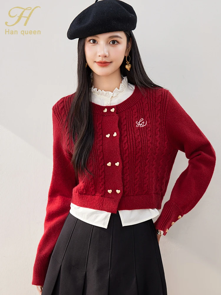 H Han Queen Korean Color Blocking Knitted Red Christmas Cardigan Sweater Women Casual Long Sleeve Autumn Vintage Sweaters Tops