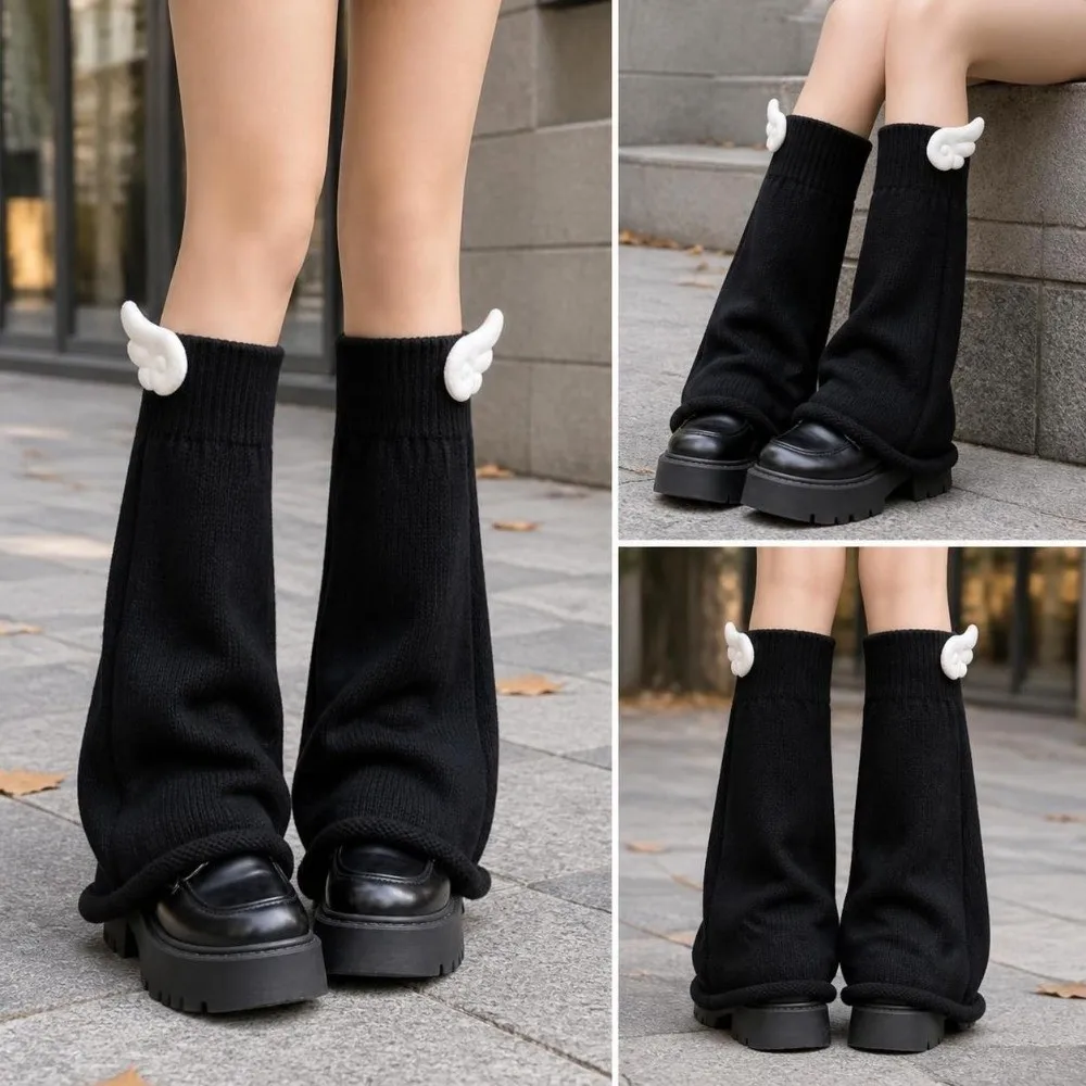 Knit Fabric Wing Decor Leg Warmers Calf Sleeves Design Soft Knit Texture Slouch Leg Covers Wide Calf Fit Flared Shape