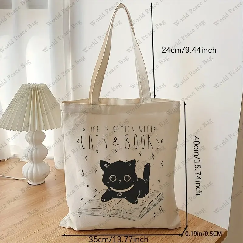 Cat And Book Pattern Canvas Shopping Bag, Letter Print Portable Shoulder Bag, Fashion Large Capacity Tote Bag For Daily Life