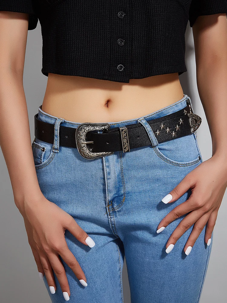 2024 Women Star Eye Rivet Belt Curved Buckle Grommet Waist Strap Hollow Out PU Leather Jeans Decorative Fashion Waistband