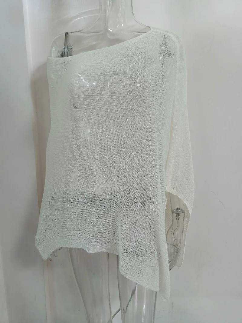 Durchsichtiges Poncho-Oberteil für Damen, leicht gestrickt, Achselzucken, Schal, schulterfrei, Netzbluse, Überwurf-Oberteile