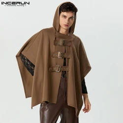 INCERUN Men Cloak Coats Solid Color Hooded Button Irregular Trench Ponchos Streetwear 2023 Loose Fashion Casual Male Cape S-5XL