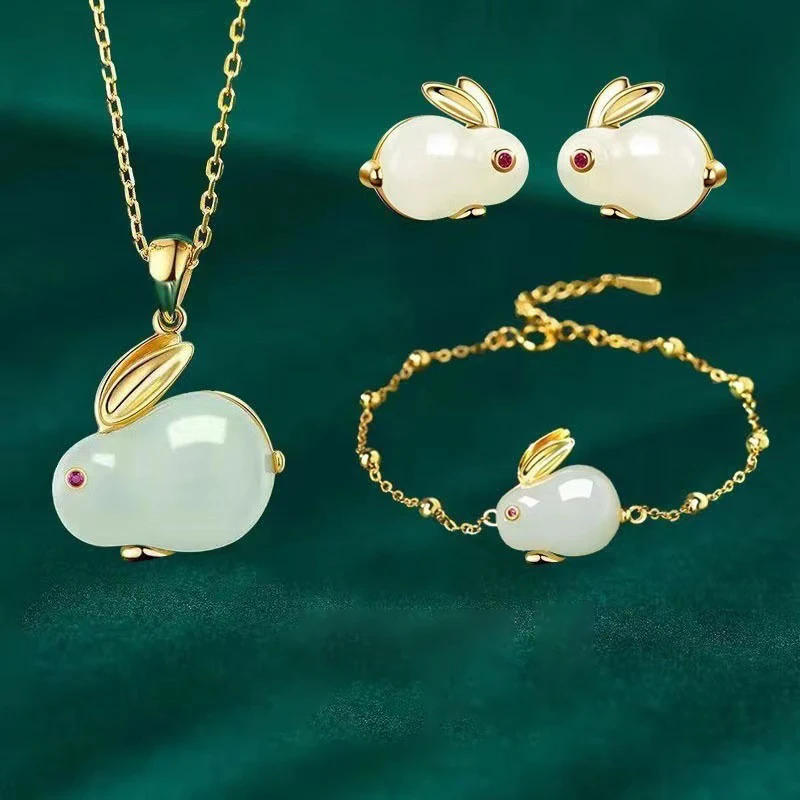 1PC/Pair Rabbit Necklace Bracelet Earring Ring For Women Pendant Lucky Jade Rabbit Gift Women's Link Chain Bracelet Jewelry