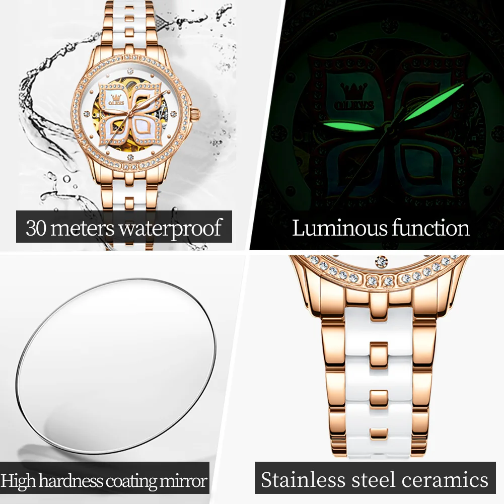 OLEVS Brand Luxury Diamond Mechanical Watch for Women Waterproof Luminous Fashion Skeleton Ceramics Watches Womens Montre Femme