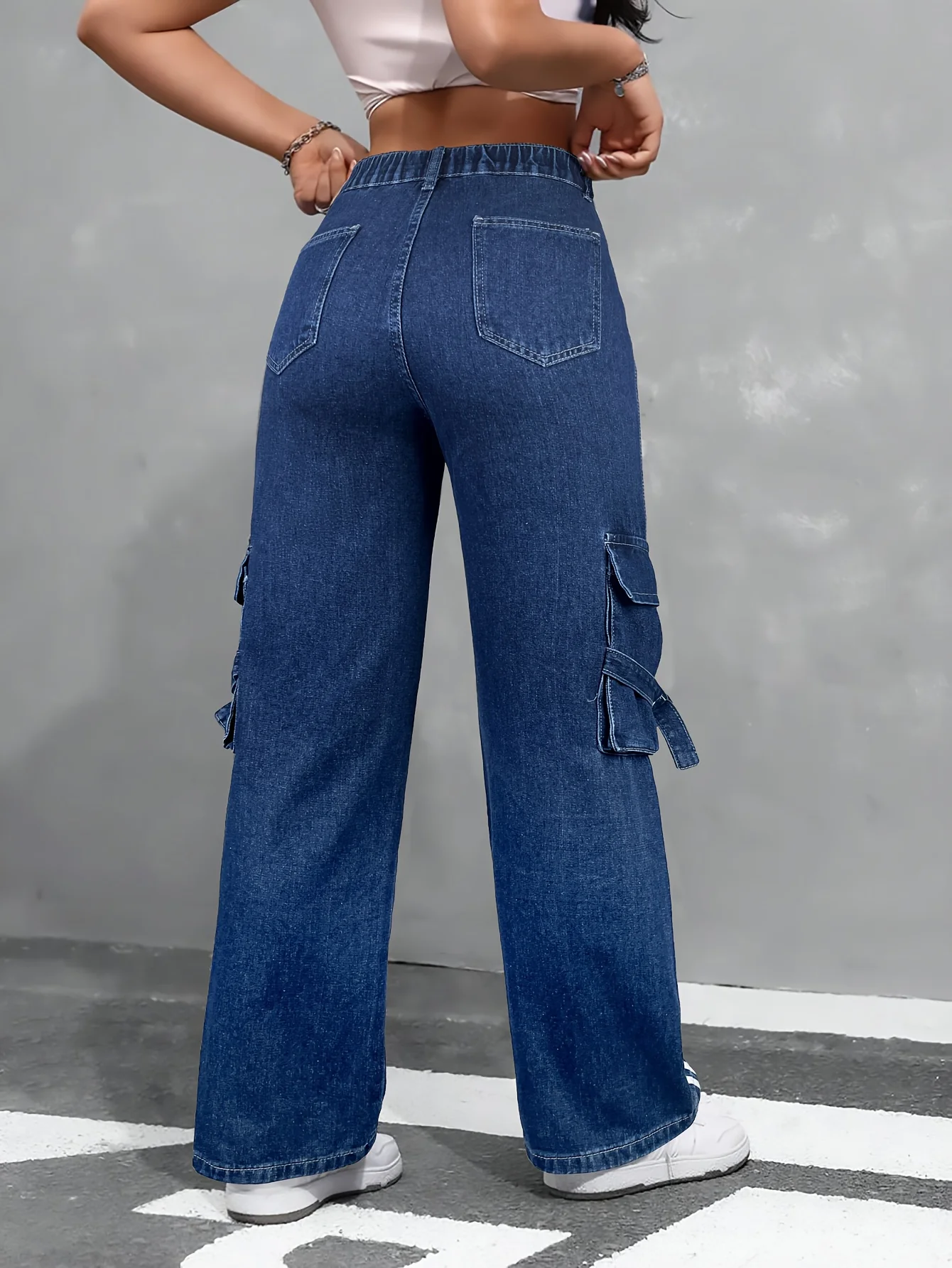 심플한 스트라이프 배색 스티치 스트레이트 진 여성용 하이웨이스트 플랩 포켓 백 엘라스틱 웨이스트 리본 바지