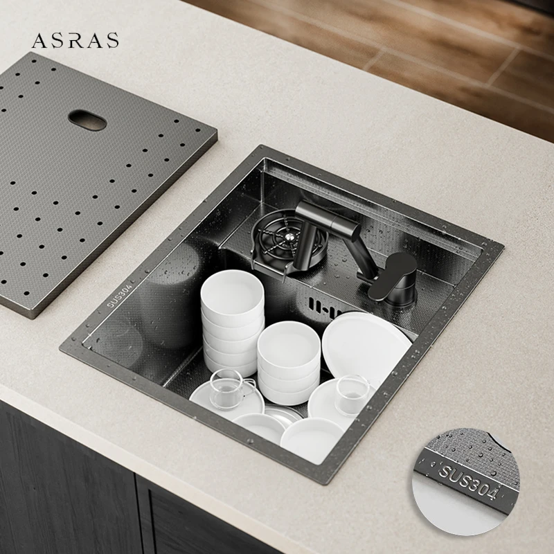 ASRAS Nanometer Rice Grain Embossing Bar Counter Hidden Island Kitchen Sink SUS 304 Handmade Sink Cup Rinser Sinks