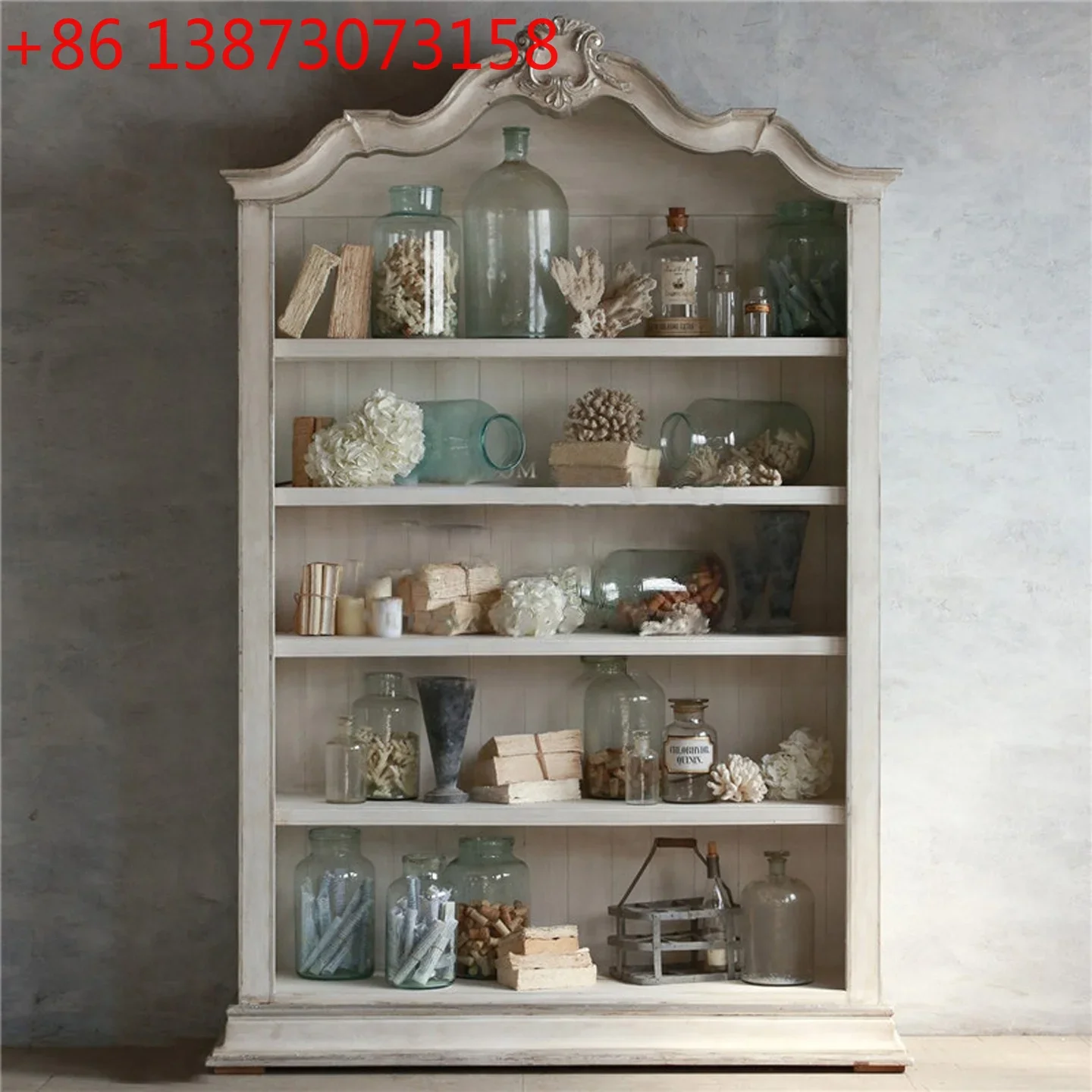 

French retro old solid wood carving flower storage display American storage bookshelf