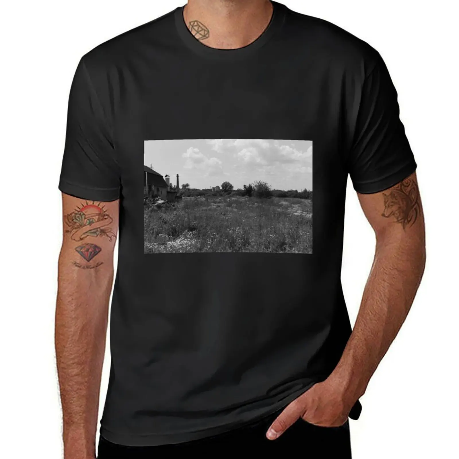 Abandoned unkempt summer field overgrown with grass T-Shirt plain graphics heavyweights Men's t-shirt