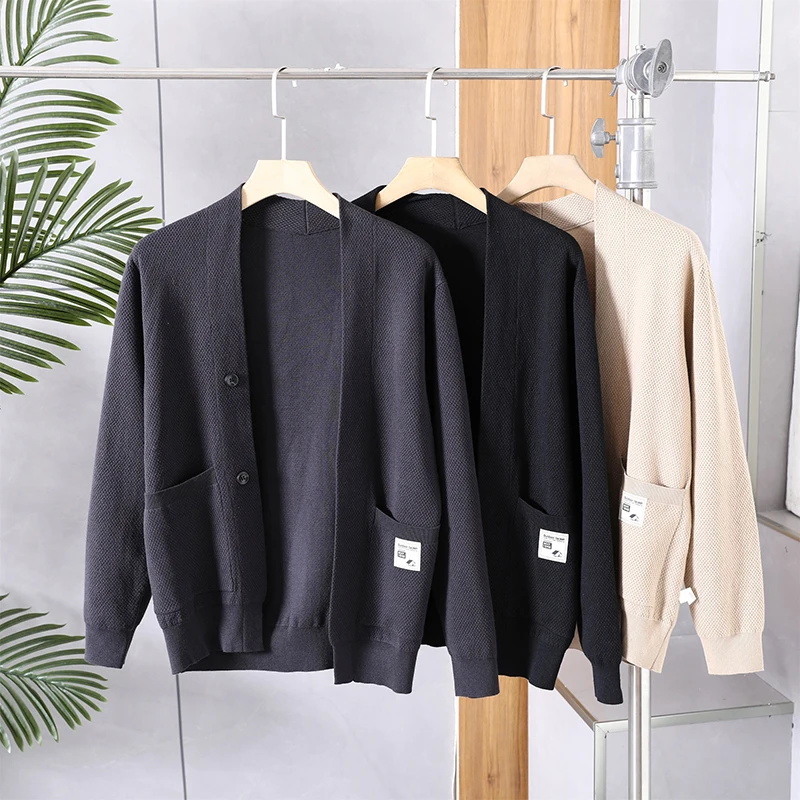 

Retro Ele Knitted Woolen Cardigan Men's Simple Faion Youth Outerwear Long Sve V-Ne Pure Color Autumn Winter New Ar...