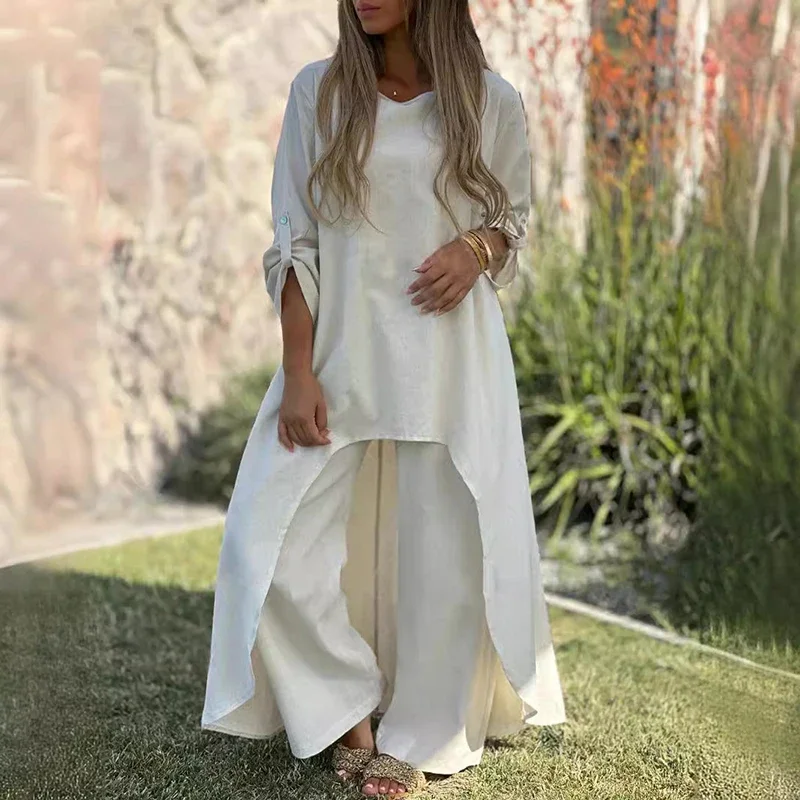 

Summer Cotton Linen Casual Home 2 Piece Set For Women Fashion White Long Sleeve Shirt And Long Pants Two Piece Sets Tracksuit