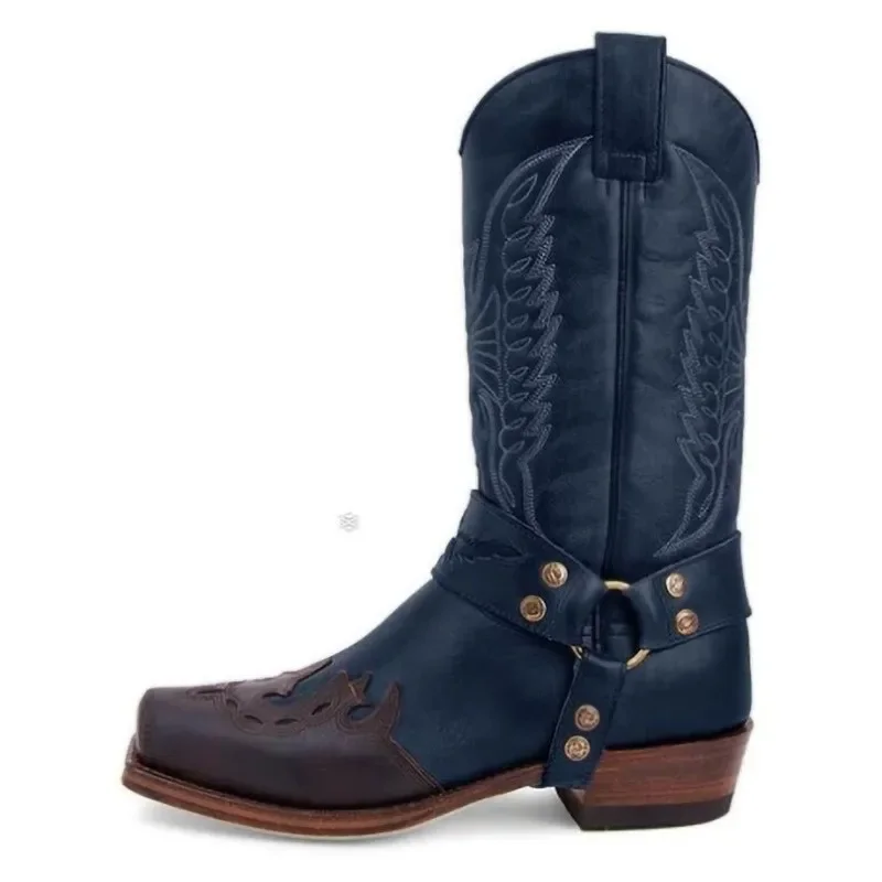 Herren Western-Cowboystiefel mit Quadratischer Zehenkappe, Retro-Stickerei, Halbhohe Ritterstiefel mit Schnallenriemen, Niedriger Absatz, Outdoor-Herrenschuhe Neu 2026 – Detail 4