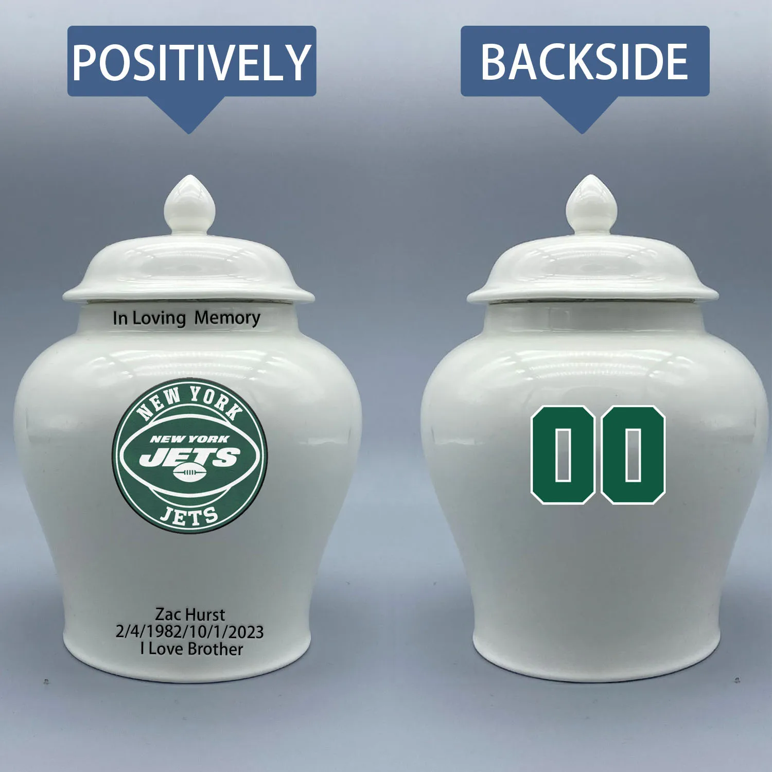 

Medium Urn for New York Jets-themed Logo Urn.Please send me the customize information-name/date and number on the urn