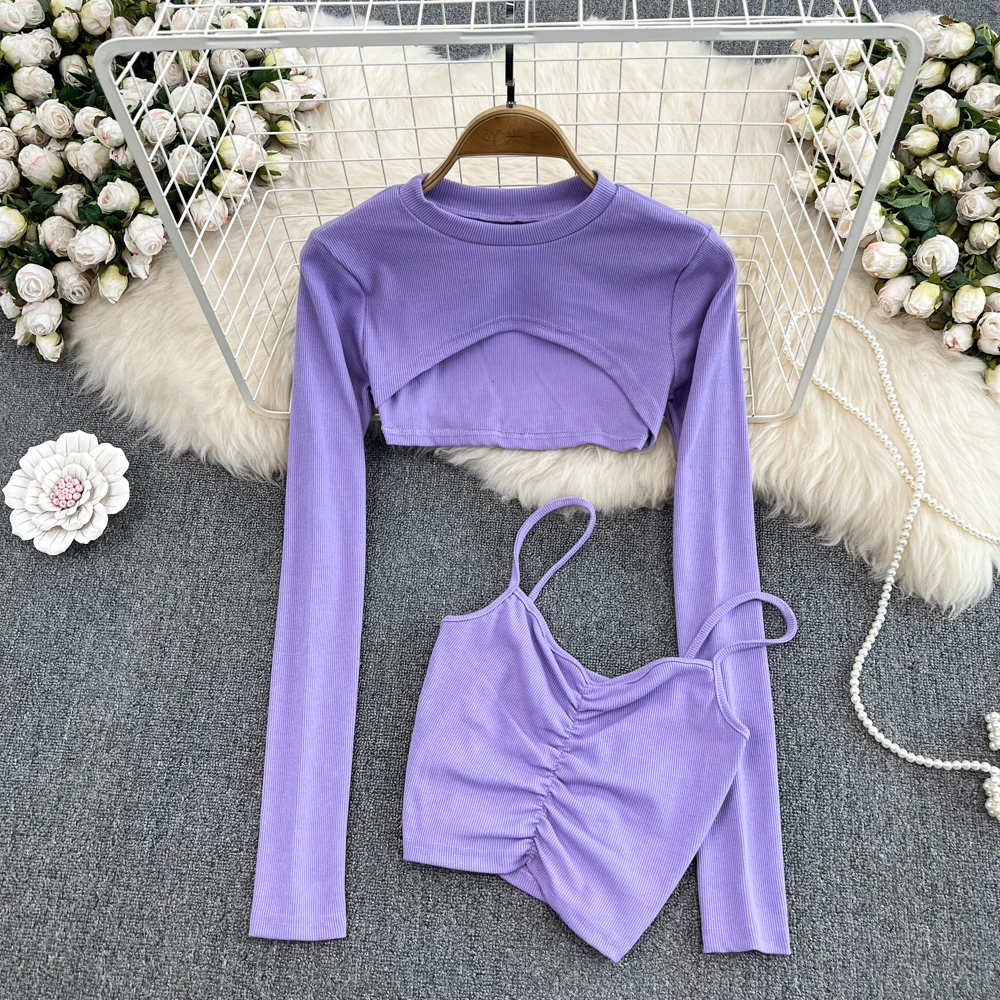 Women Two Pieces Sets Long Sleeve Slim Tshirt with Sexy Pleated Camis Tank Top Korean Fashion Hollow Out Crop Top Set Y2k Ins