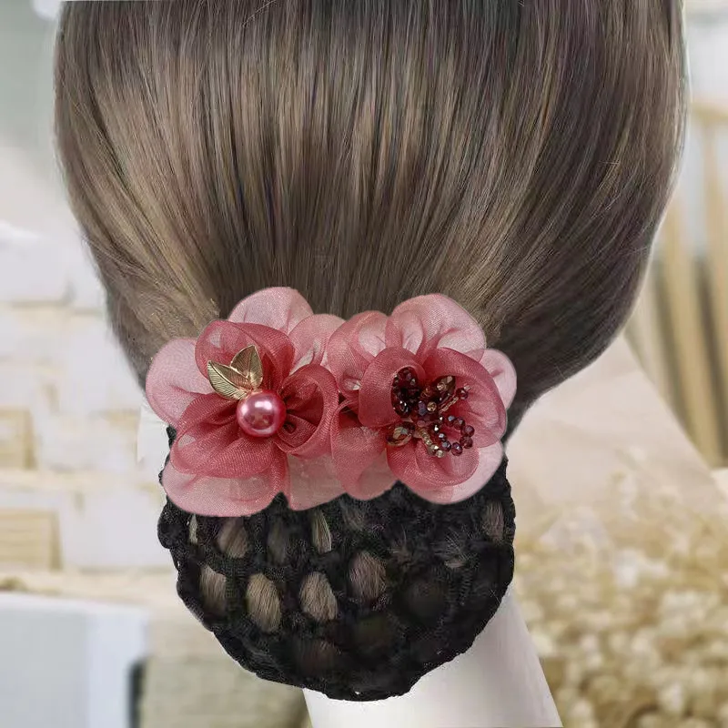 

Headdress Flower Net Bag Female Professional Updo Nurse Hairnet Bank Hotel Waitress Stewardess Working Wear Hairpin Barrette