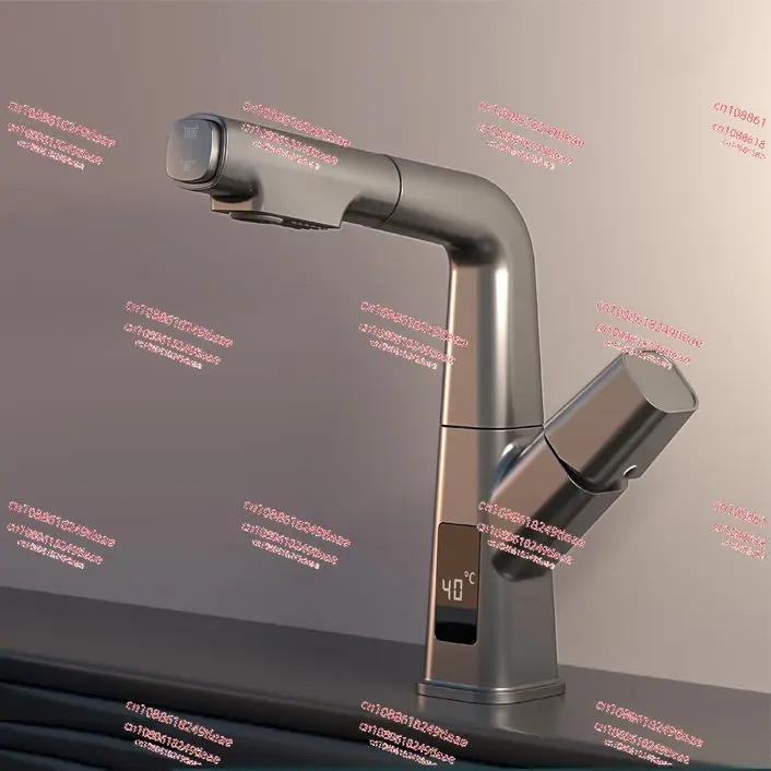 Grey all-copper digital display pull-up and lifting faucet, bathroom, rock slab basin, washbasin, single-hole faucet.