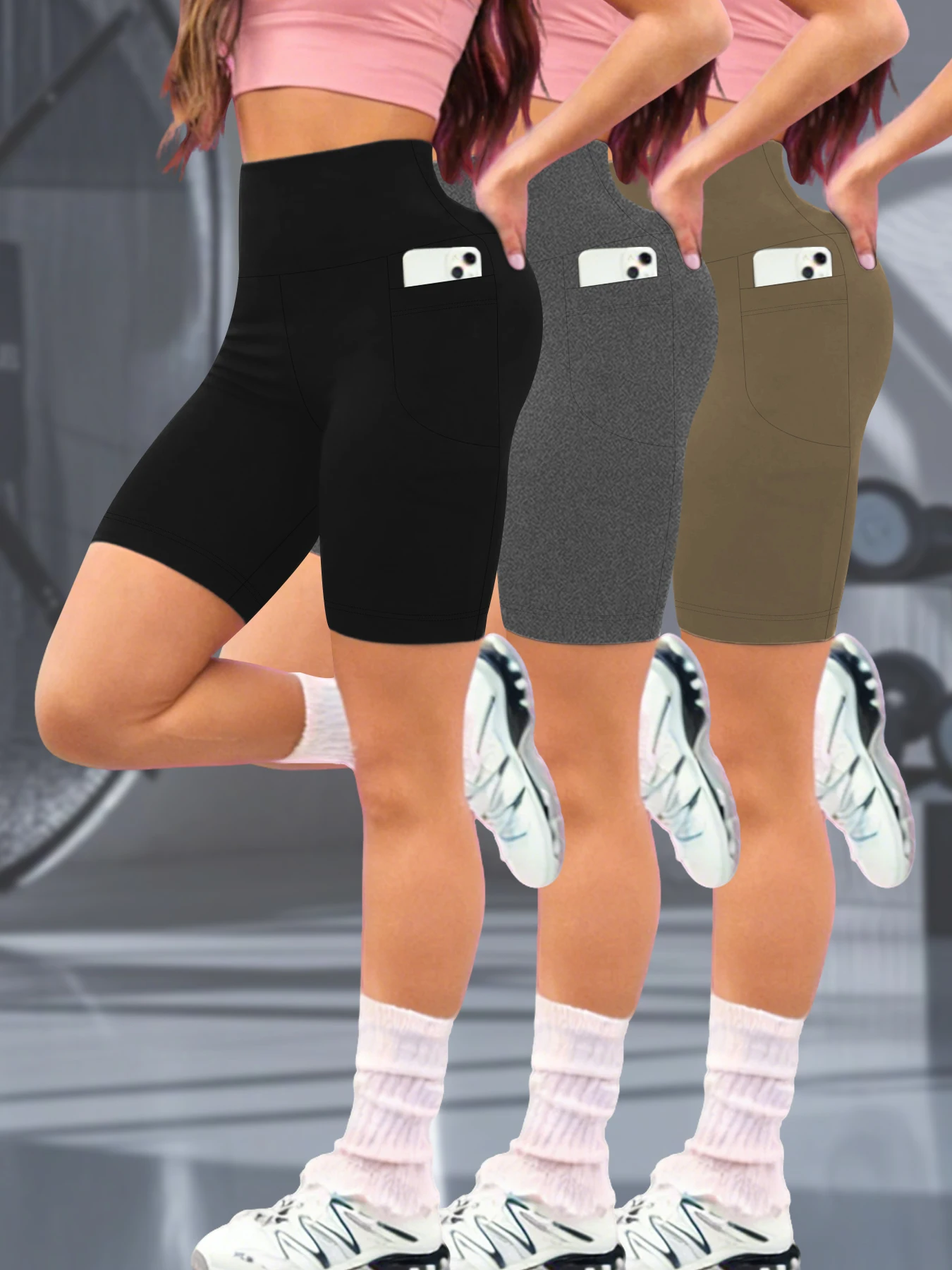 

3 пары женских шорт с высокой талией, карманами, эффектом утягивания живота, непрозрачные, для тренировок, бега, йоги, фитнеса, с эффектом push-up
