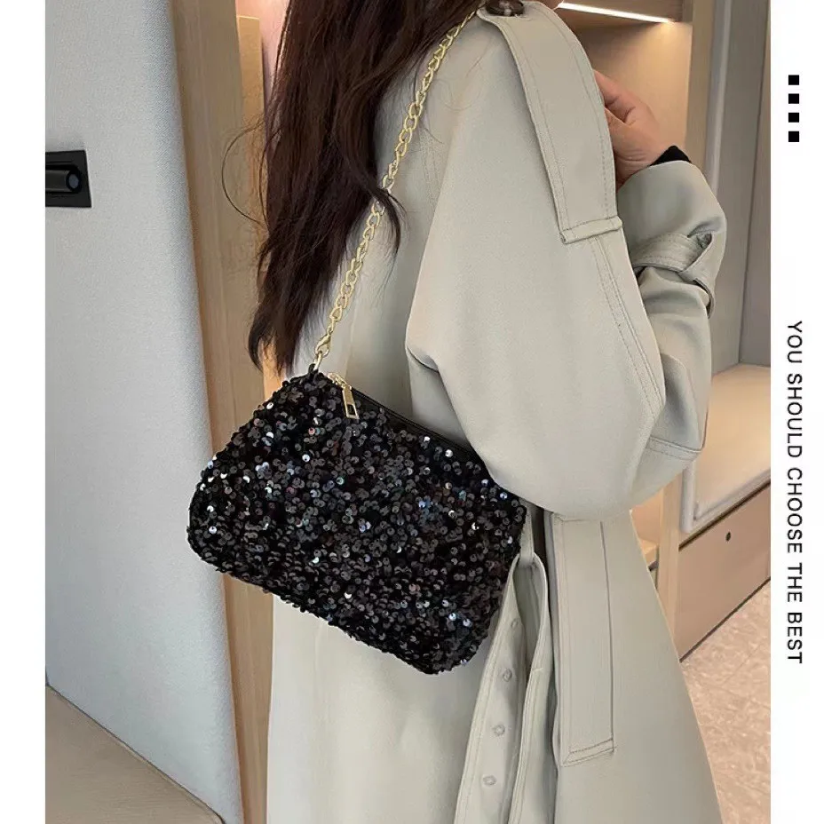 Color Sequins Shoulder Bag For Women Simple Chain Underarm Bag Wedding Party Evening Clutch Bag Fashion Handbag Phone Purse