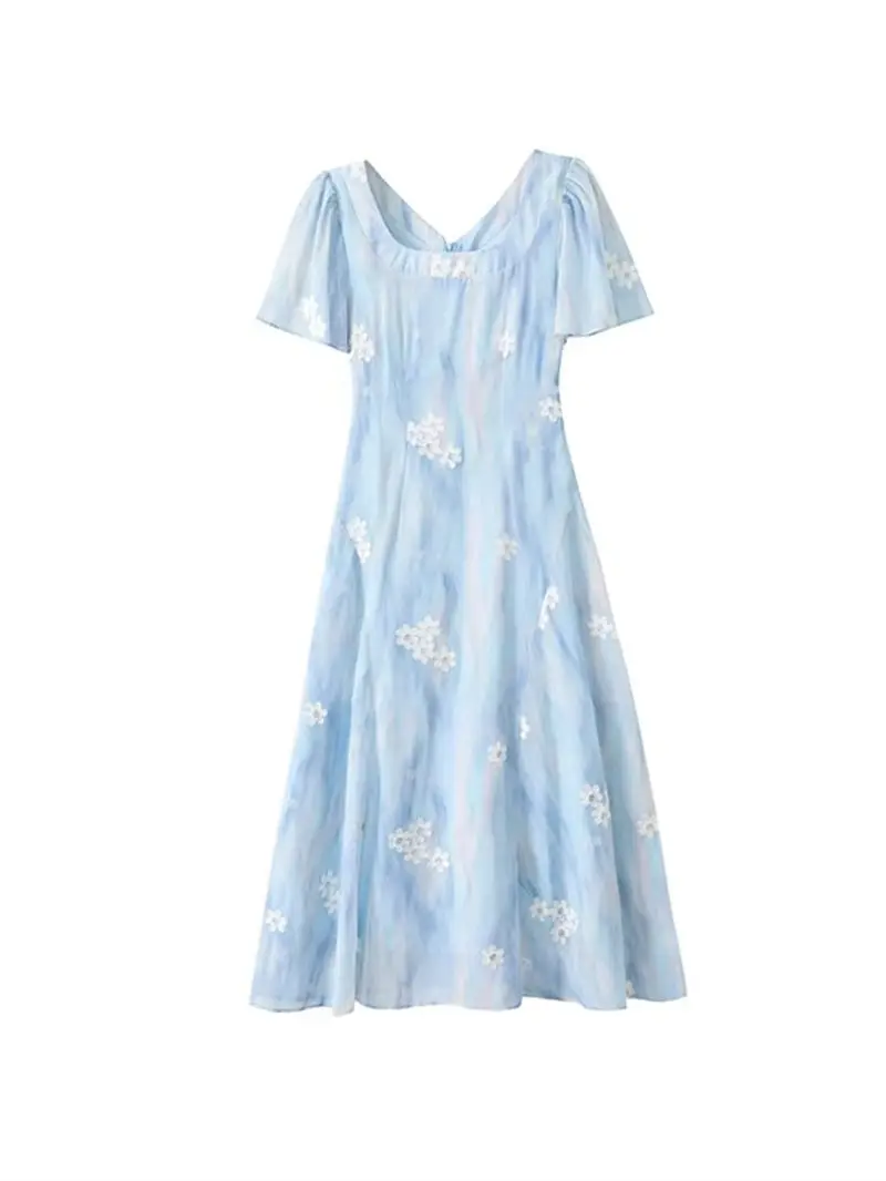 Abito longuette ricamato floreale blu di lusso - Abiti eleganti a maniche corte dimagranti firmati Parisian Summer 2025 G118