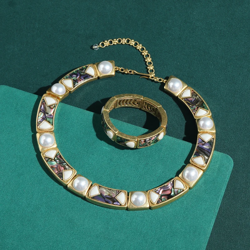 Vintage Abalone Shell Pearl White Jewelry Sets Necklace Bracelet Luxury Trendy High Quality Elegant Wedding Gifts For Women