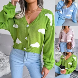 Knit Cardigan for Women Autumn and Winter Sweaters Coats Korean Fashion Long Sleeve Top White Cloud Flowers Free Shipping New