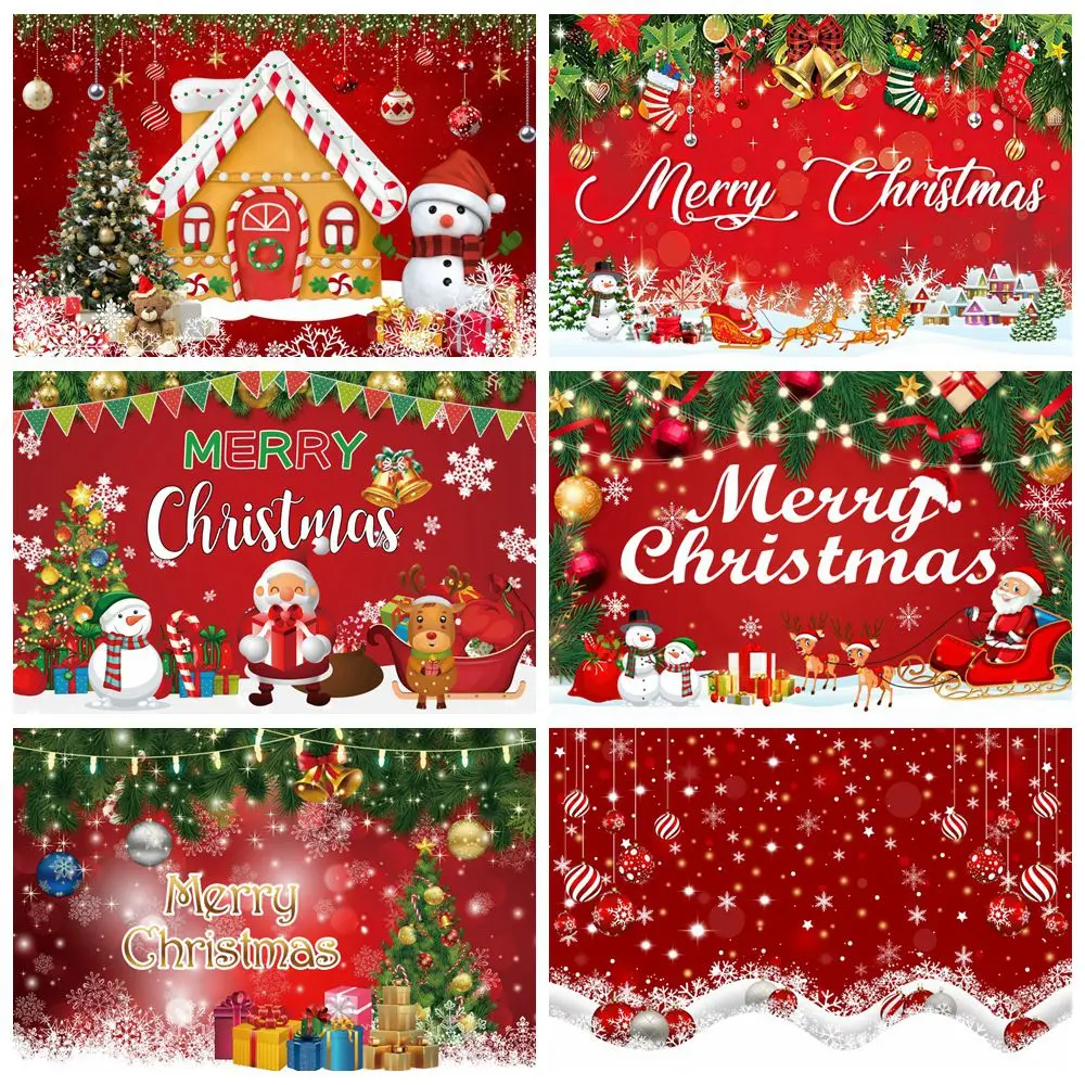 Christmas Photography Backdrop Decor Cartoon Santa Snowman Red Bells Wreath Baby Birthday Xmas Party Photocall Background Banner