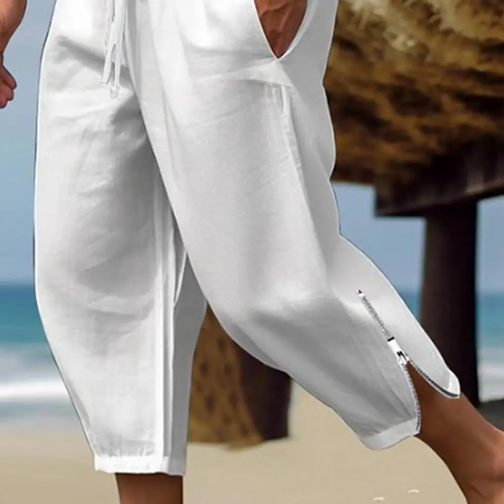 Pantalones de lino para hombre, pantalones de chándal holgados con cordón, cintura elástica, piernas con cremallera, Color sólido, entrenamiento de gimnasia, trote, noveno pantalones