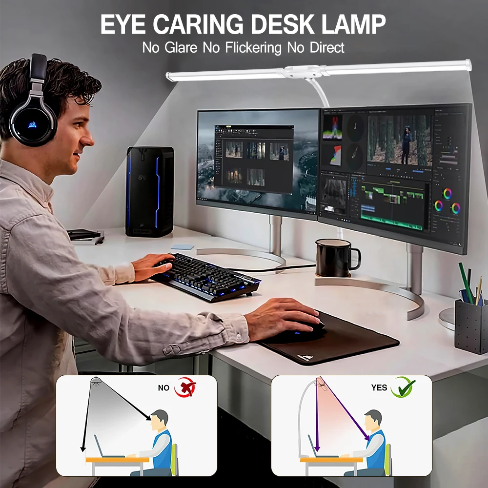 Double Headed LED Clip Type Remote Control Desk Lamp Reading Lamp Desktop Desk Lamp Architectural Desk Lamp with 5 Color Modes A