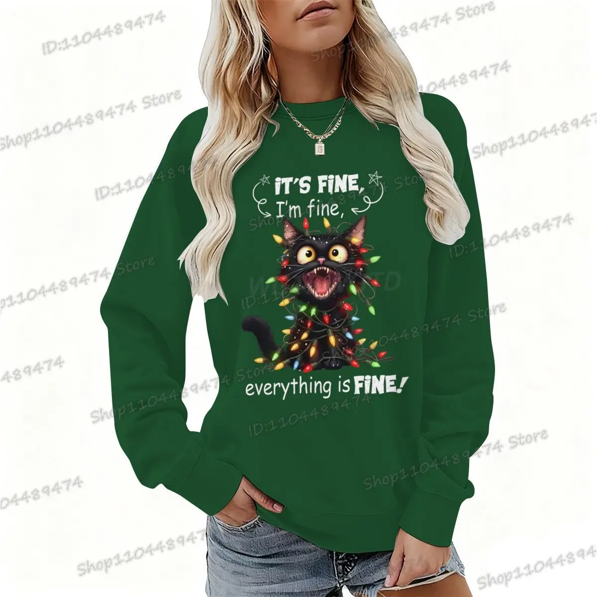 إنه جيد أنا بخير كل شيء جيد عيد الميلاد البلوز الرجال النساء الصوف مضحك القط البلوز عيد الميلاد Y2K سوداديرا بلوزات