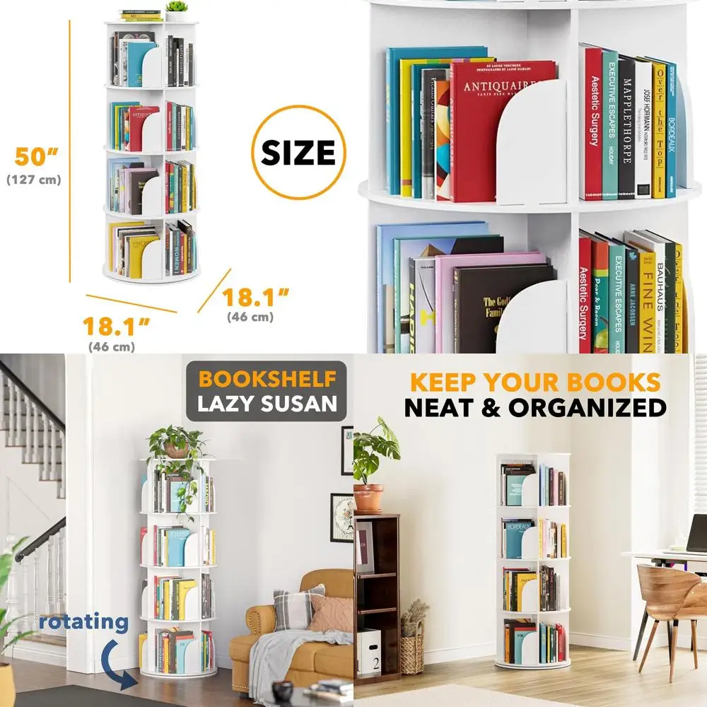 

Белая 4-уровневая вращающаяся книжная полка, стиль Lazy Susan, поворотная карусель для хранения книг на 360 градусов и многого другого