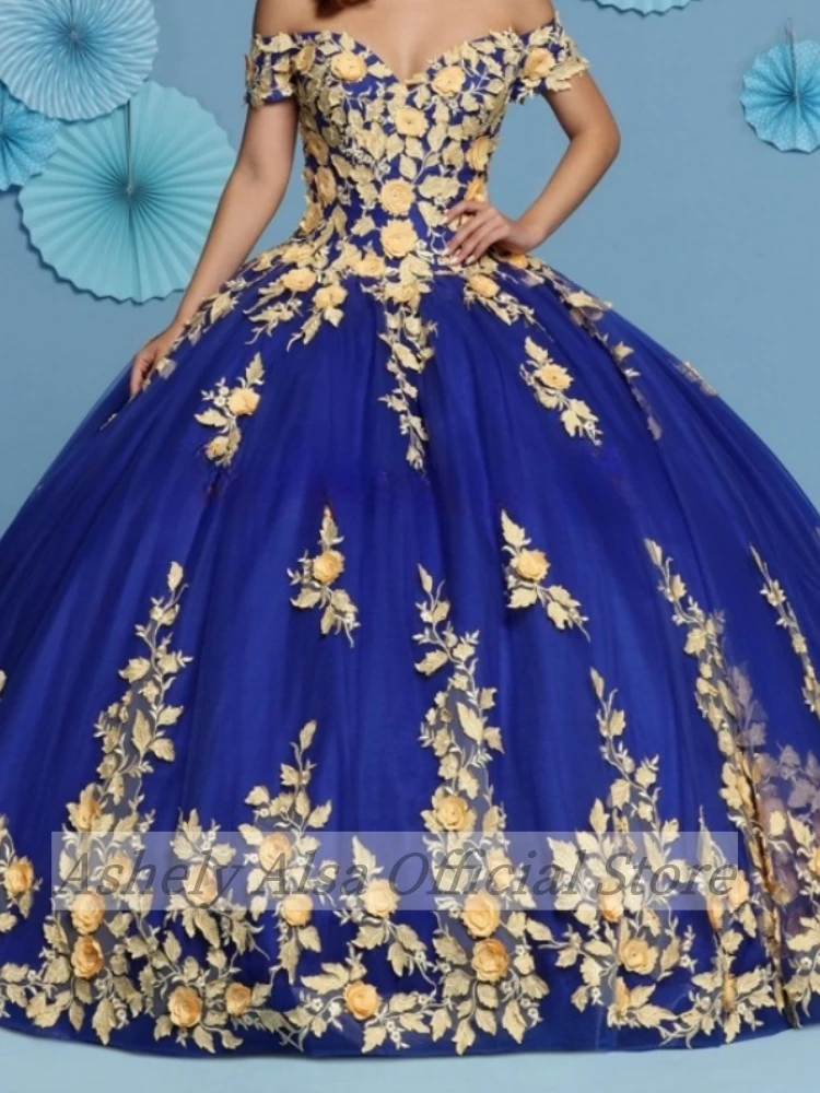 AQ135 Customized Royal Blue Quinceanera Dress Off Shoulder Floral Applique Floor Length Special Occasion 15 16 Party Prom Dress