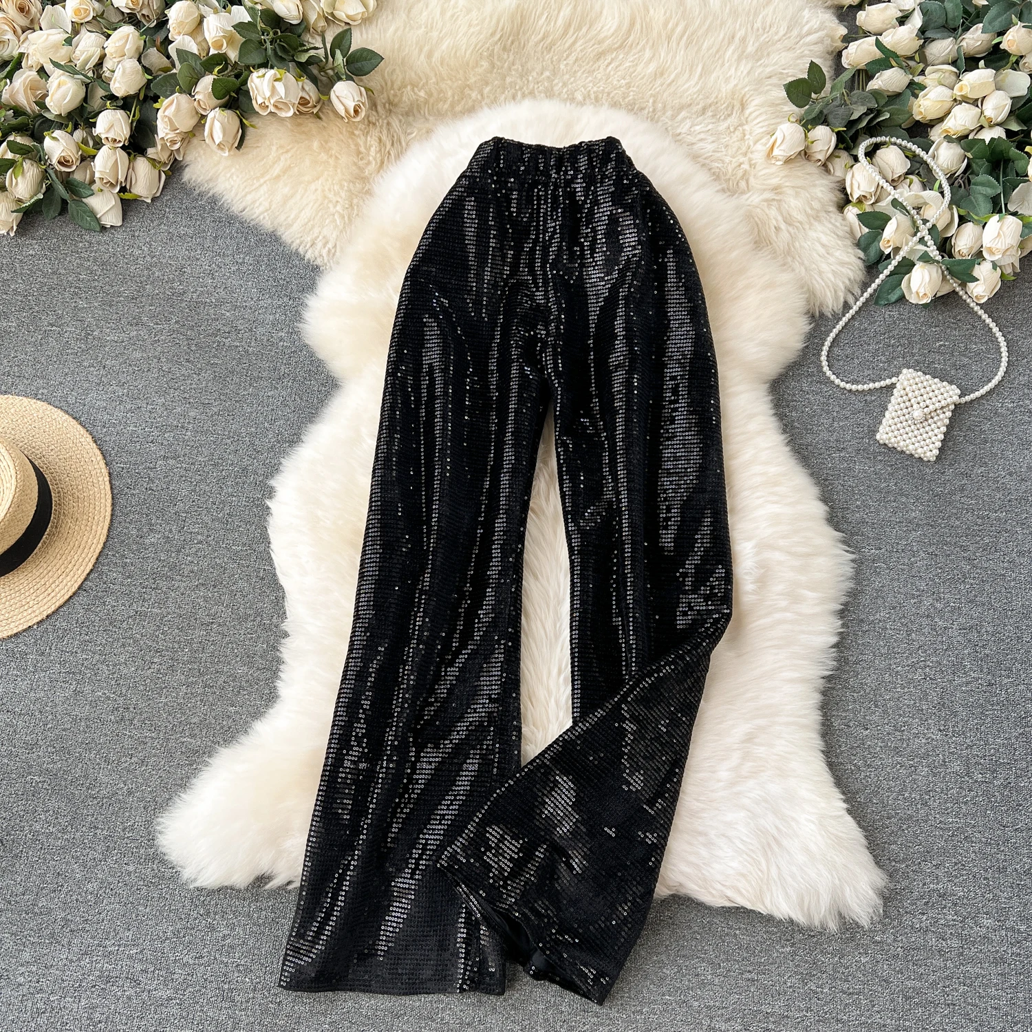 Fashion Sequins Wide Leg Pants Women Temperament High Waist Straight Pants Light Luxury All-matched Elastic Waist Trousers