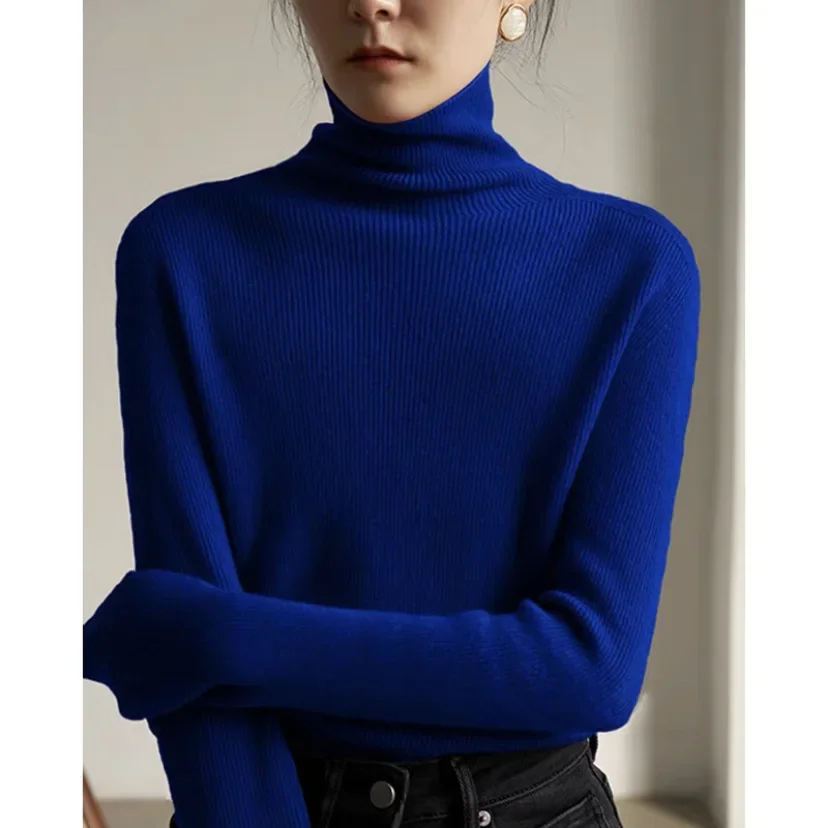 Autumn/Winter New Knitted Top Stylish Celine Blue Women's Polo/Turtle Neck Inner Sweater Thickened Pullover Top