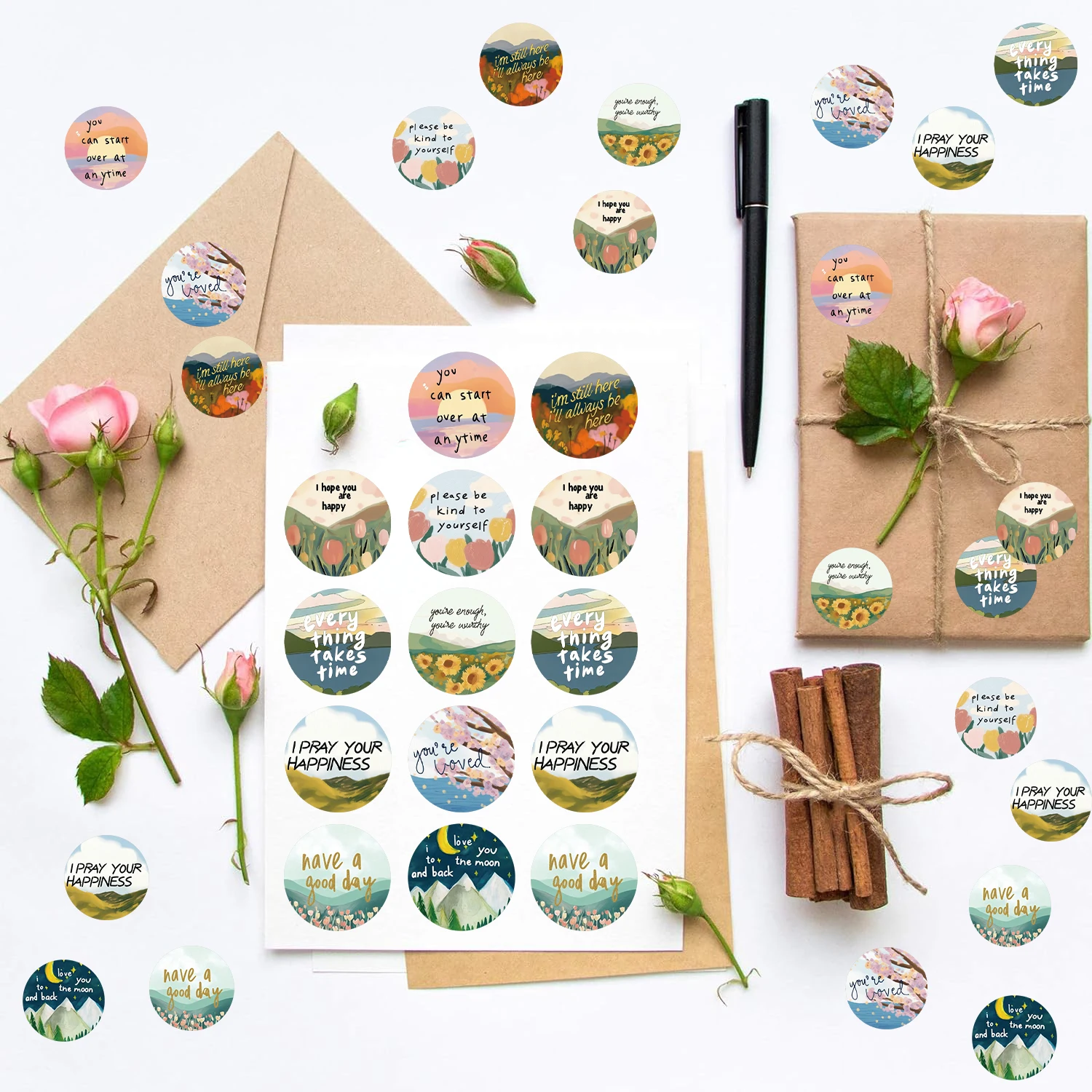 500pcs Literary Happy Roll Sticker Self Adhesive Label Sticker Flower Frame Sticker Festival Party Gift Bag Decoration Handmade