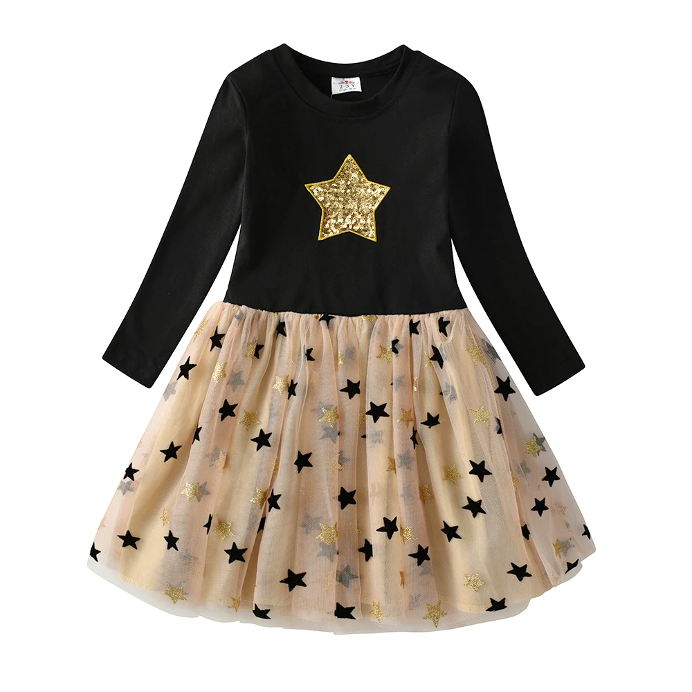 VIKITA Kids Autumn Dresses for Girls Star Sequins Princess Dress Girl Long Sleeve Party Vestidos Girls Dress Children Clothing