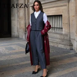 TRAFZA 2024 Autumn Winter Women Office Lady Solid Suits Fashion Sashes Sleeveless Single Breasted Vests+High Waist Ladies Pants