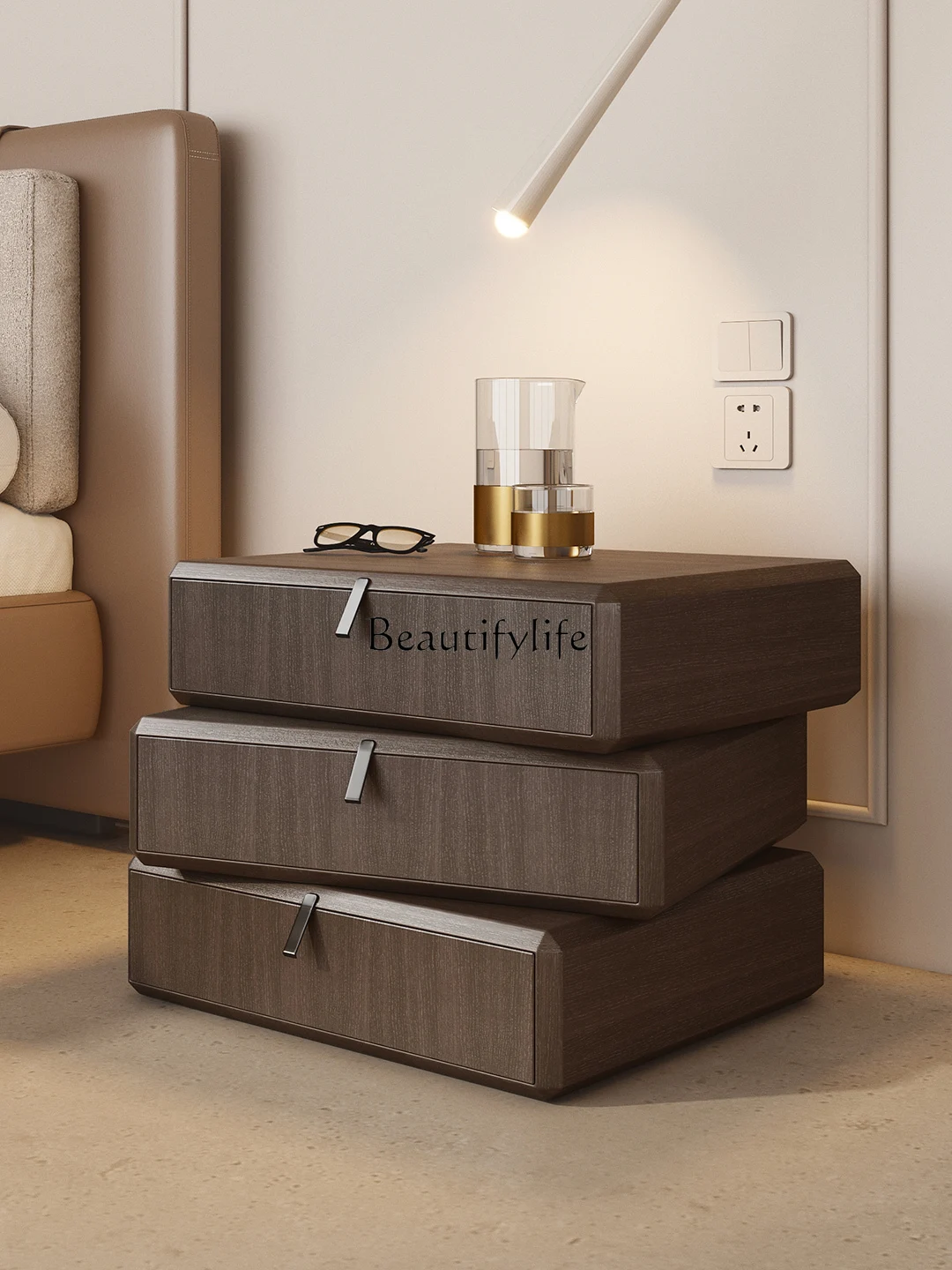 Italian Minimalist Rotatable Bedside Table Light Luxury Bedroom Bedside Three-Drawer Locker Two Pieces for Sale