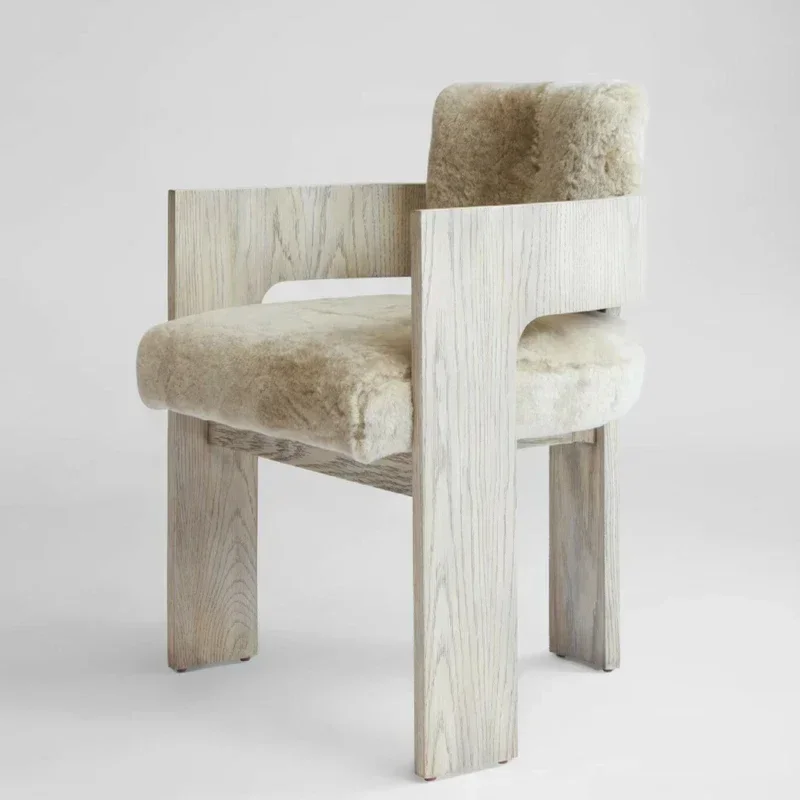 

Casual single chair modern simple solid wood retro lamb wool armrest