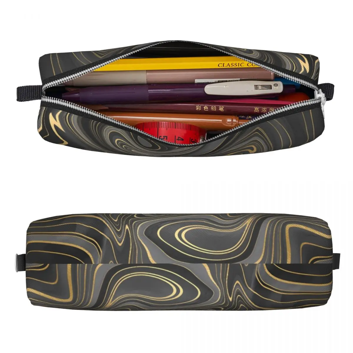 Kawaii Pencil Case Marble Print Pen Box Black Gray Swirl School Pencil Cases Girls Boys PU Leather Graphic School Stationery