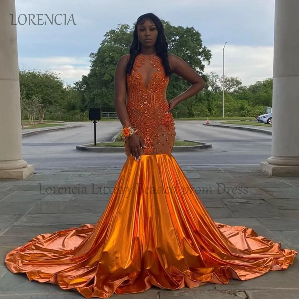 

Glitter Orange Beaded Mermaid Prom Dresses Sleeveless Luxury Rhinestone Diamond Evening Patry Gowns Formal robe chic soirée