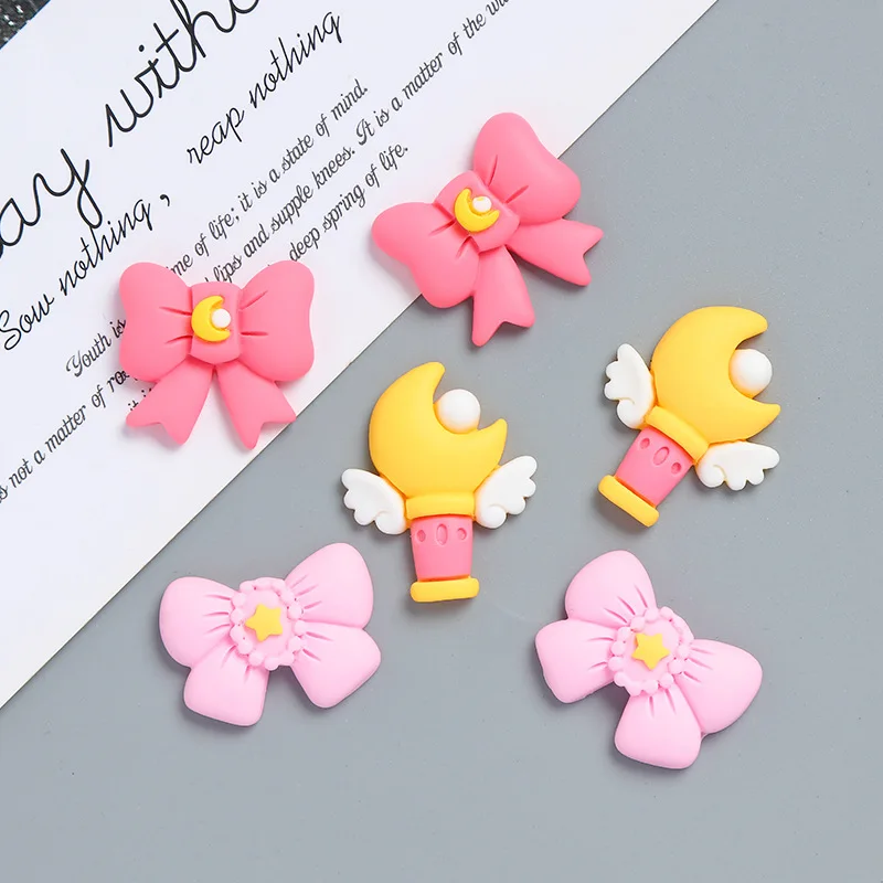 

10pcs Cartoon Girl Magic Wand Bowknot Flatback Resin Cabochon Embellishments Scrapbooking DIY Phone Case Decor Hair Accessories
