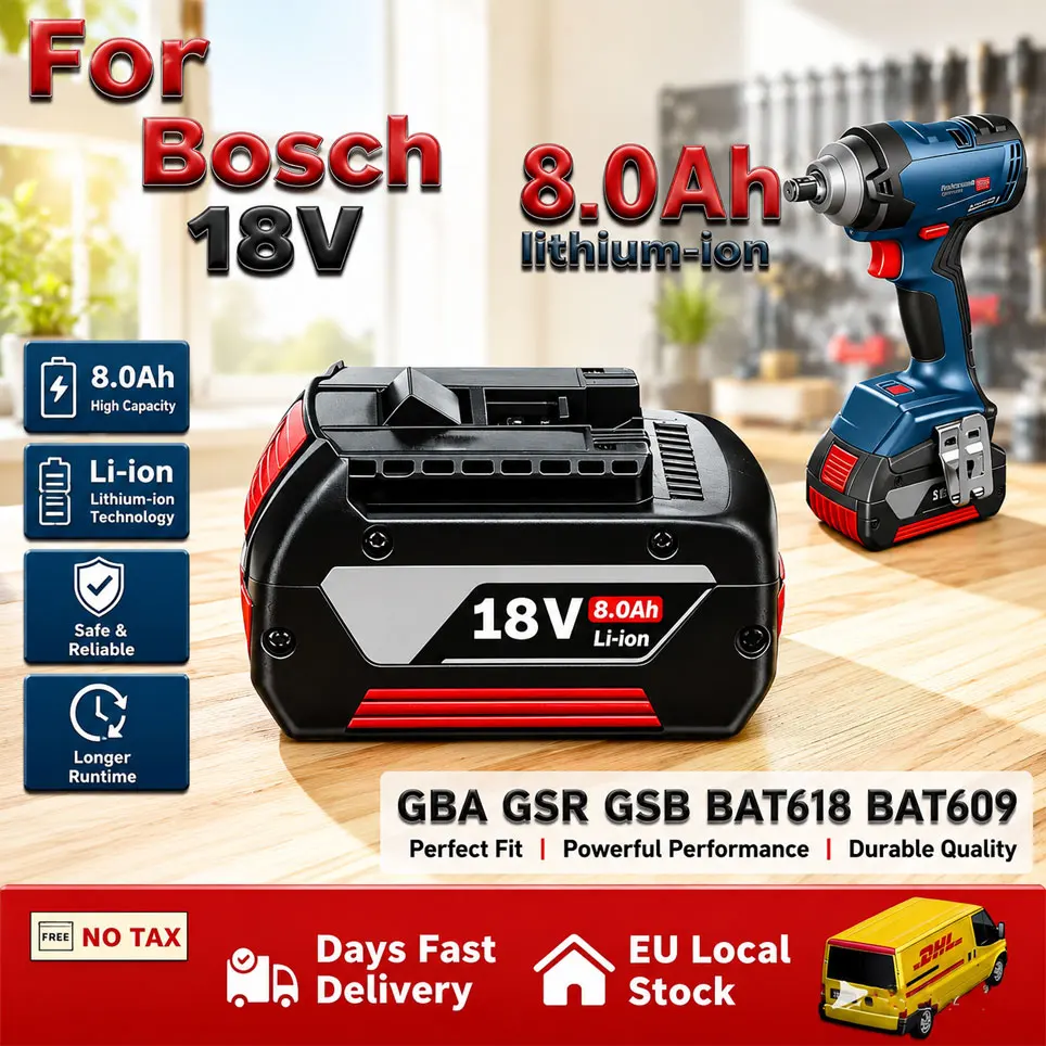 Hochleistungsfähiger 8,0Ah GBA 18V Li-Ionen-Akku mit LED-Anzeige, Ersatzakku für Bosch 18V Bohrwerkzeuge BAT622 BAT618G