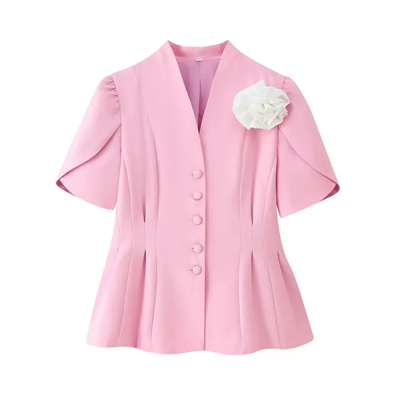 Maxdutti Minimalist Women's 2026 Summer V-neck Bubble Sleeve Flower Waist Cinched Short Sleeved Suit Jacket Women's Jacket Woman