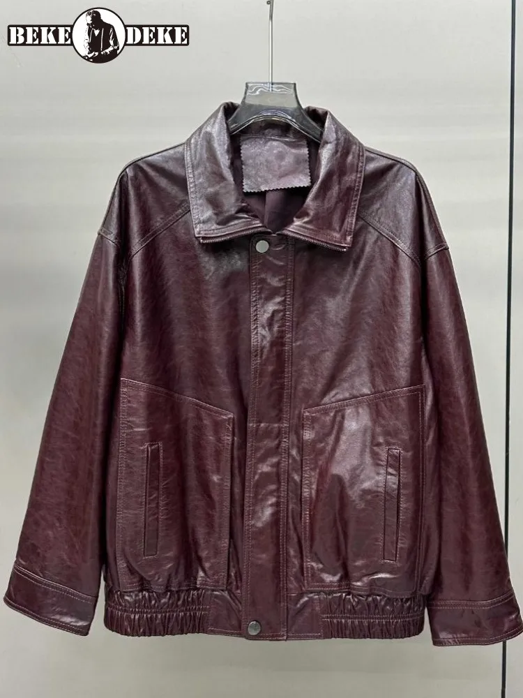 American Retro Style Genuine Leather Lapel Zipper Jacket Solid Color Sheepskin Long Sleeves Loose Ladies Button Outerwear