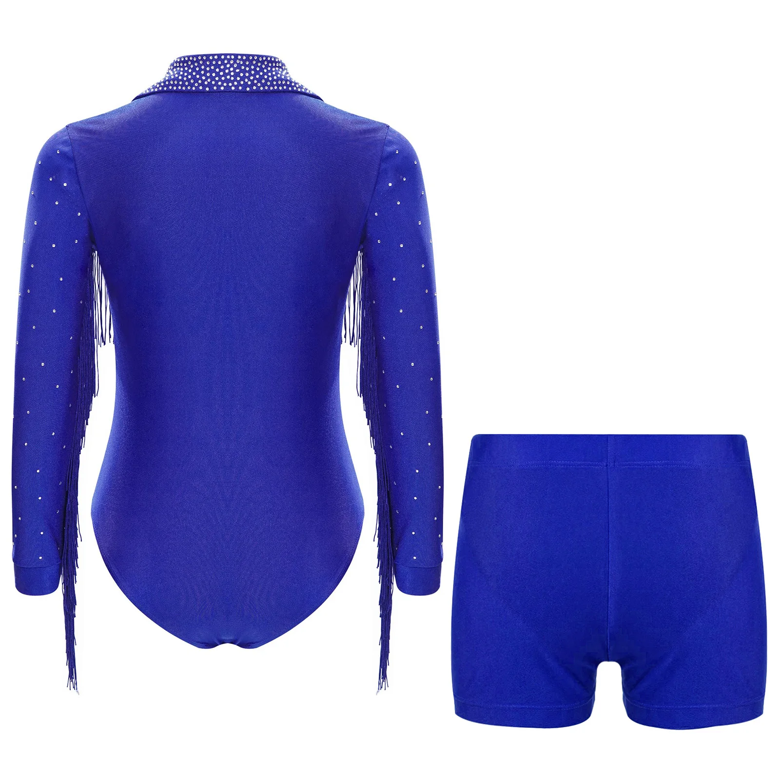 Kids Boys Latin Dance Sets Performance Costume Modern Ballroom Dancewear Long Sleeve Rhinestones Tassel Leotard with Shorts Suit