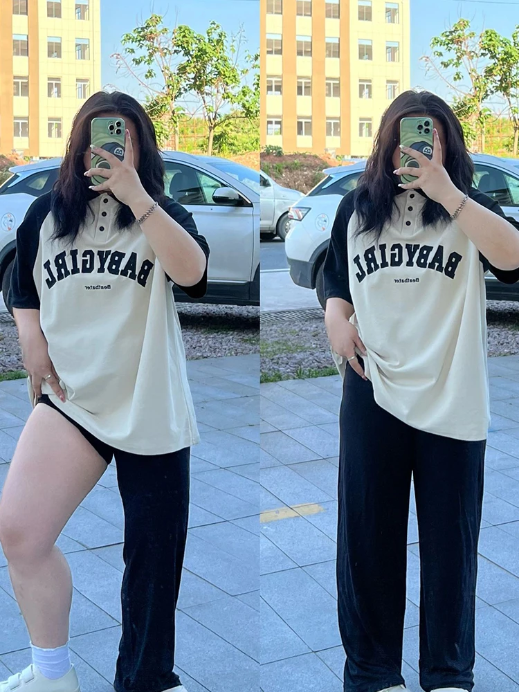 

Женская футболка больших размеров с коротким рукавом, цветными блоками и буквенным принтом, свободного кроя, летняя, утягивающая, в корейском стиле, из хлопка