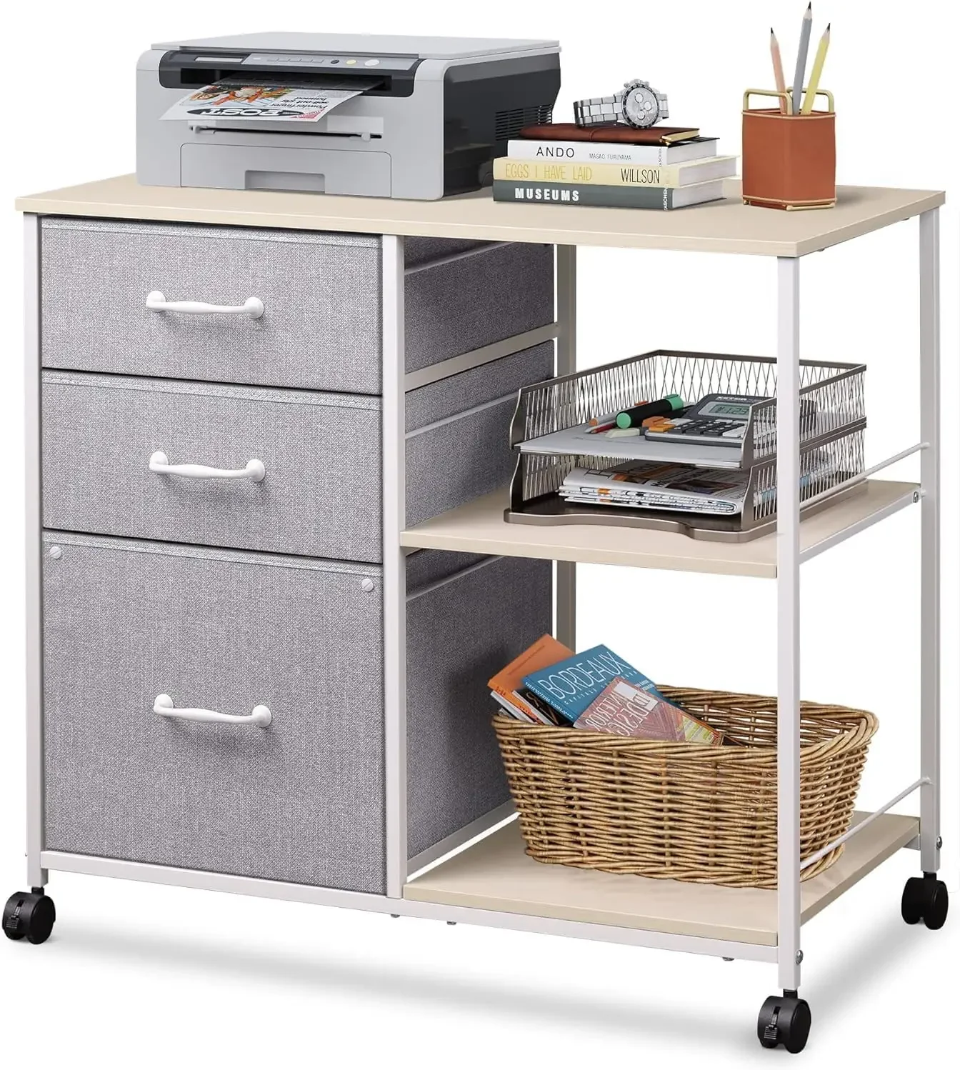 3Drawer Mobile File Cabinet, Rolling Printer Stand with Open Storage Shelf,Fabric Lateral Filing Cabinet fits A4 or Letter Size