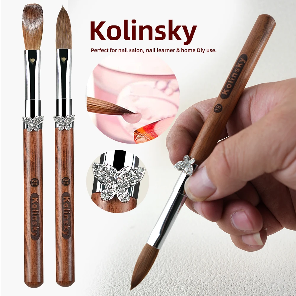100% Kolinsky akrylowy pędzel do paznokci drzewo sandałowe motylkowy uchwyt karbowany żel UV rzeźba pędzel do pisaka płynny proszek DIY rysunek paznokci